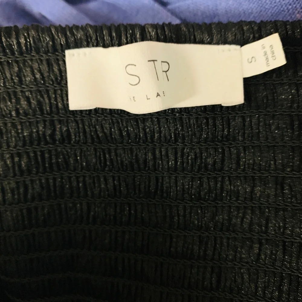 NWT ASTR The Label Sz Small IRENE Black Shine Babydoll‎ Top Smocked Back Ruffle